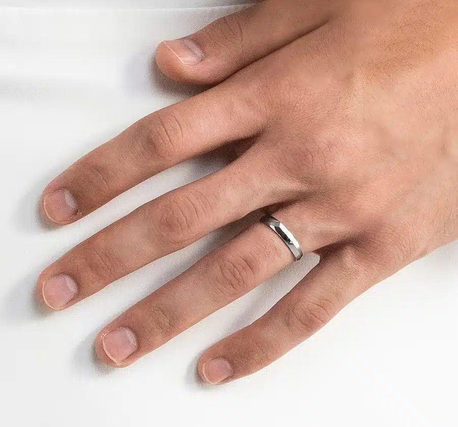 A male hand wearing a wedding band