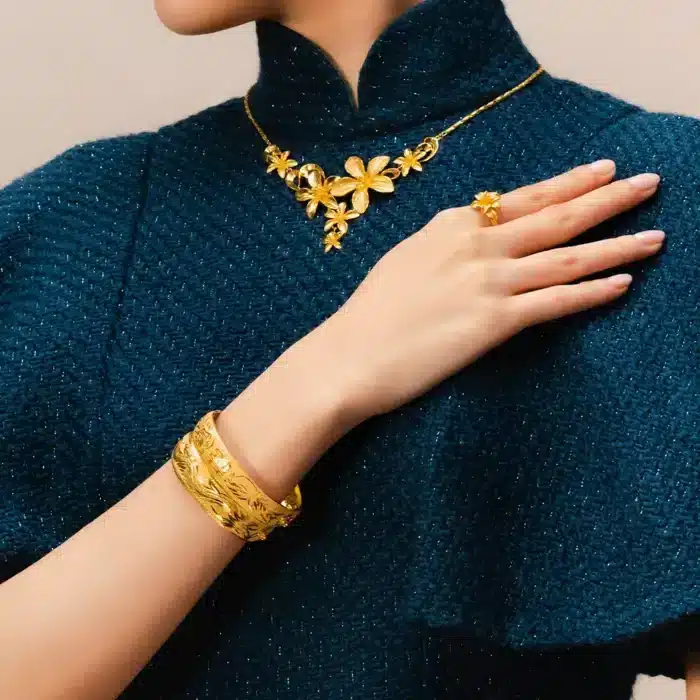 Model wearing si dian jin jewellery