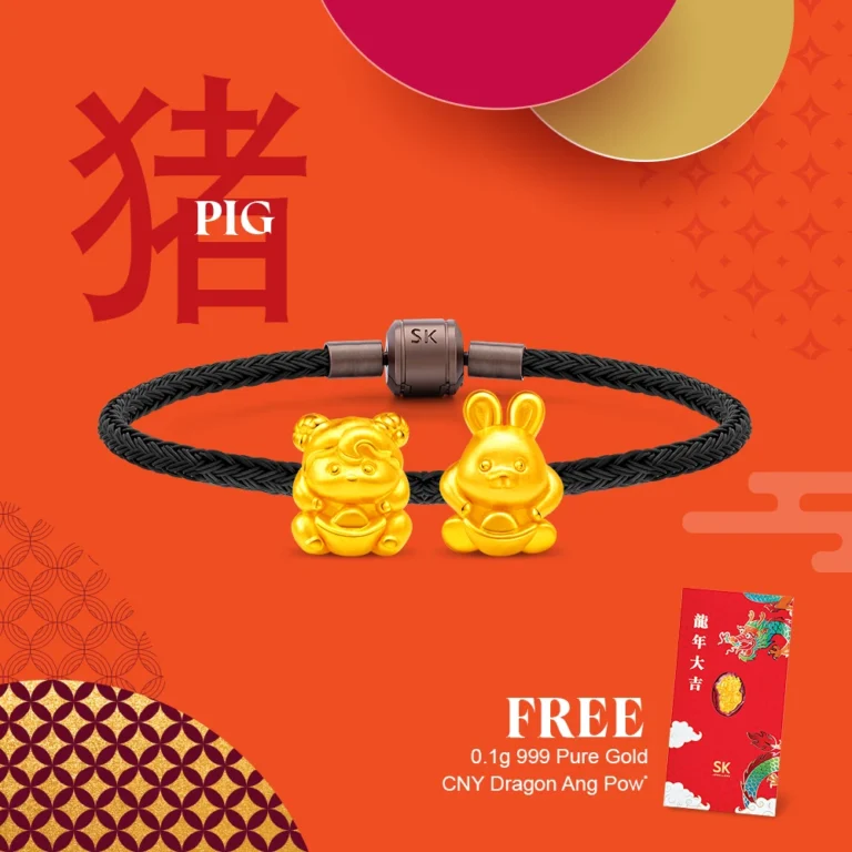 Pig Zodiac 999 Pure Gold Charm Bracelet Triple Union (三合) Bundle